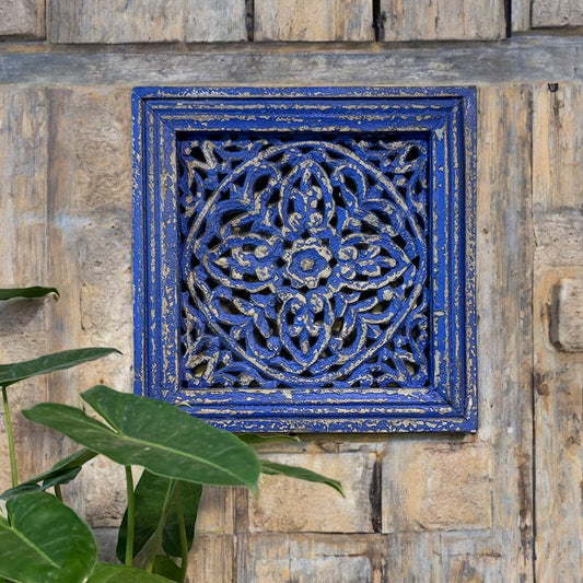 Handmade vintage blue carved panel with intricate floral carvings, distressed finish, and rustic wooden frame, perfect for wall décor. wall decor,
wall art,
wall accents,
large wall art,
big wall decor,
outdoor wall art,
wall hanging,
vintage wall decor,
rustic wall decor,
antique wall decor,
rustic wall art,
vintage home decor,
home decor,
antique home decor