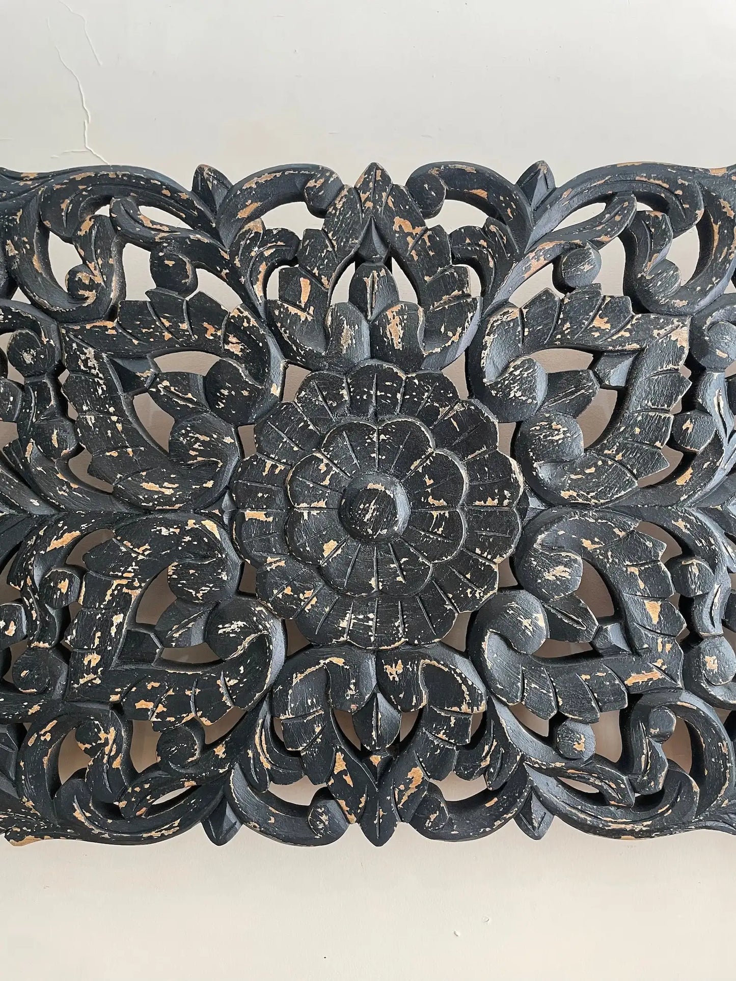 Hand-Carved Black Floral Wooden Wall Panel