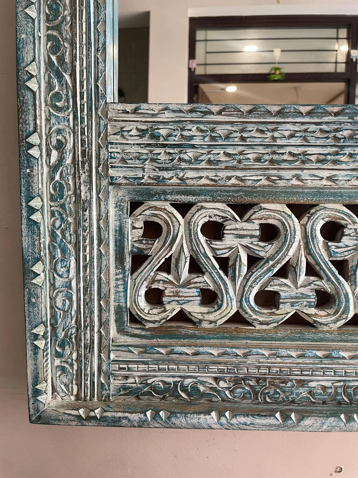 Trio Arch Hand-Carved Jharokha Style Wooden Wall Mirror in Antique Blue