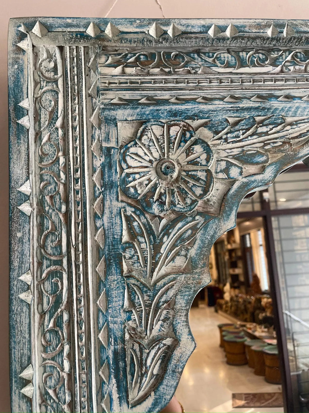 Trio Arch Hand-Carved Jharokha Style Wooden Wall Mirror in Antique Blue