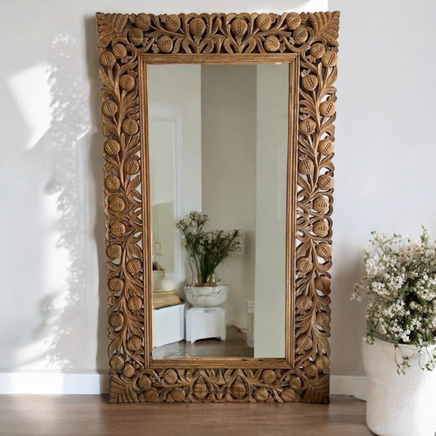 Handcarved Long Standing Vanity Wall Mirror – Large Wooden Full-Length Mirror with Farmhouse Style Frame