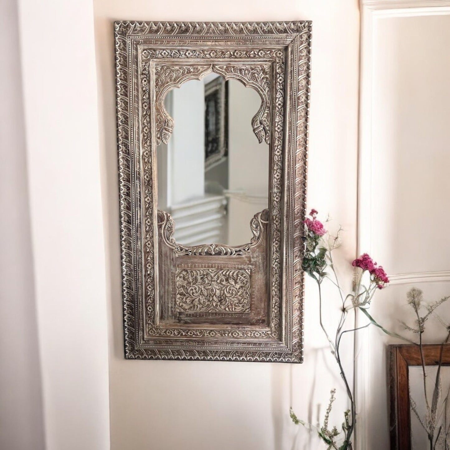 "Handcarved Wooden Jharokha Wall Mirror – Large carved wooden mirror with intricate design, perfect for living room, bedroom, or farmhouse decor. Handcarved Wooden Jharokha Wall Mirror/Frame – Large Carved Indian Wall Mirror with Rustic Farmhouse Style and Vintage Design