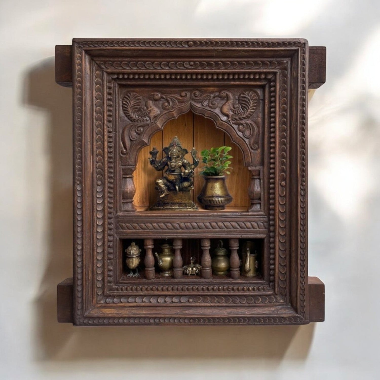 Elegant Hanging Wooden Temple for Home | Wall Mounted Pooja Mandir with Doors