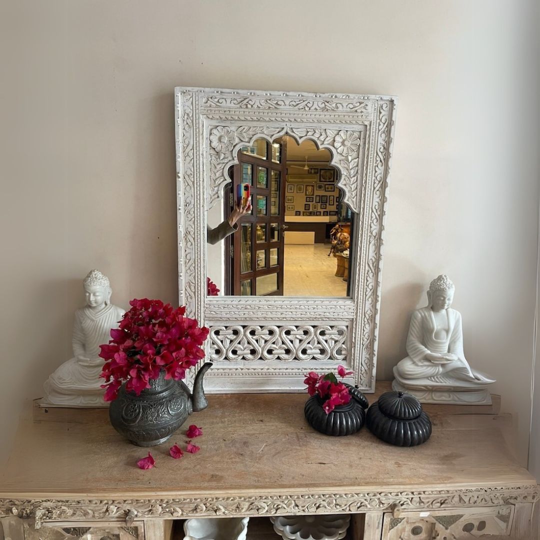 Traditional handcrafted Jharokha mirror frame with intricate carvings and distressed wood finish, perfect for vintage wall decor and adding antique charm to living spaces