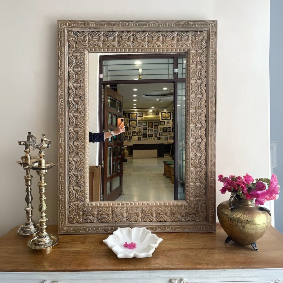 Handcrafted Jharokha mirror frame with gold beveled detailing, adding a luxurious and antique vibe to living rooms, bedrooms, or gallery walls."