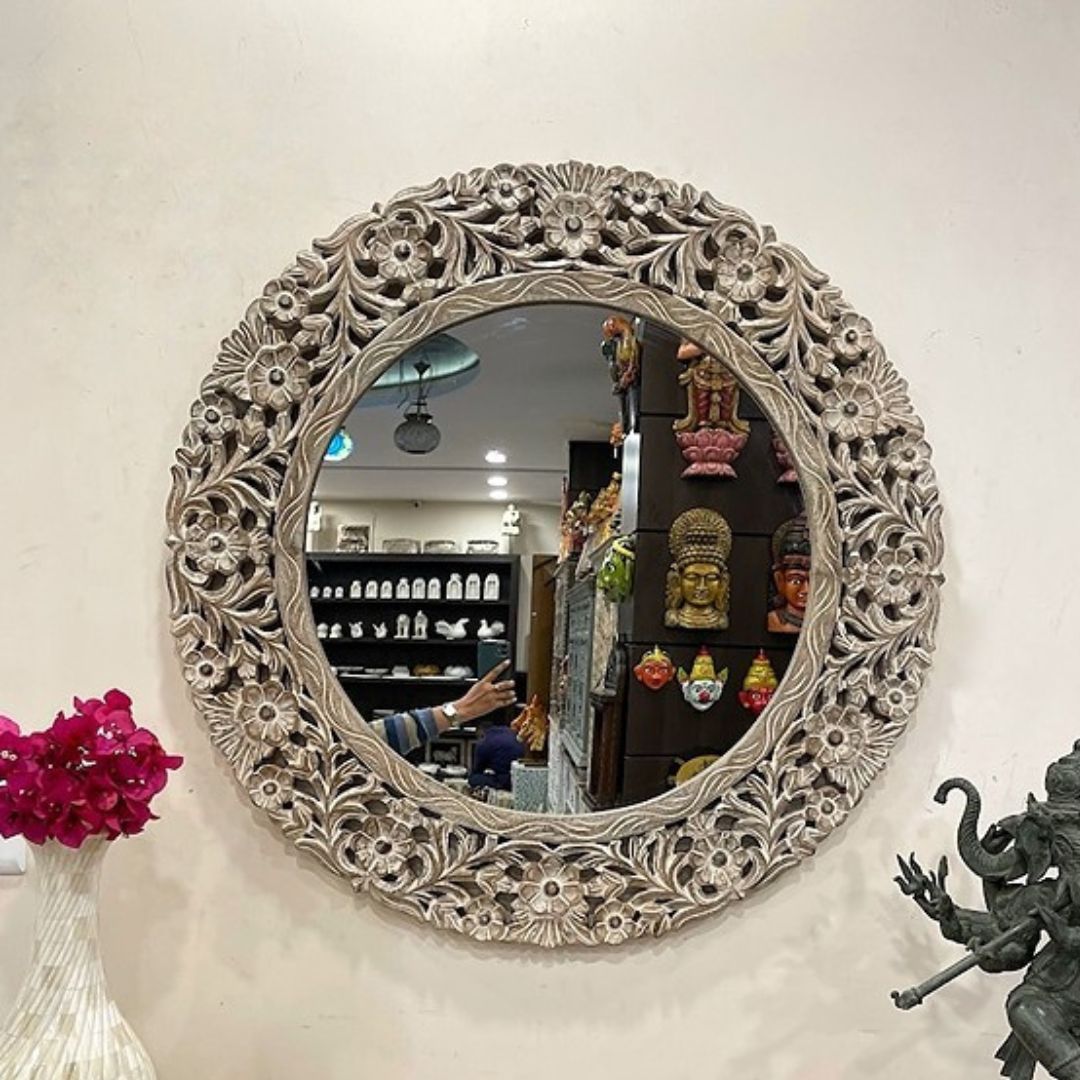 Exquisite Jharokha mirror frame with handcrafted carvings in distressed wood, blending traditional Indian heritage with vintage charm for wall decor