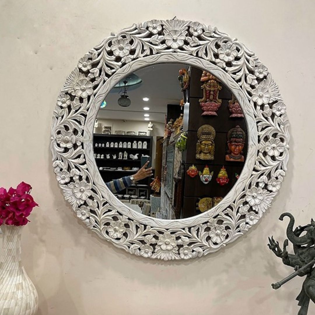 large vintage mirror with ornate Jharokha-style wooden frame, ideal for Victorian or rustic interiors, adding timeless elegance to any room