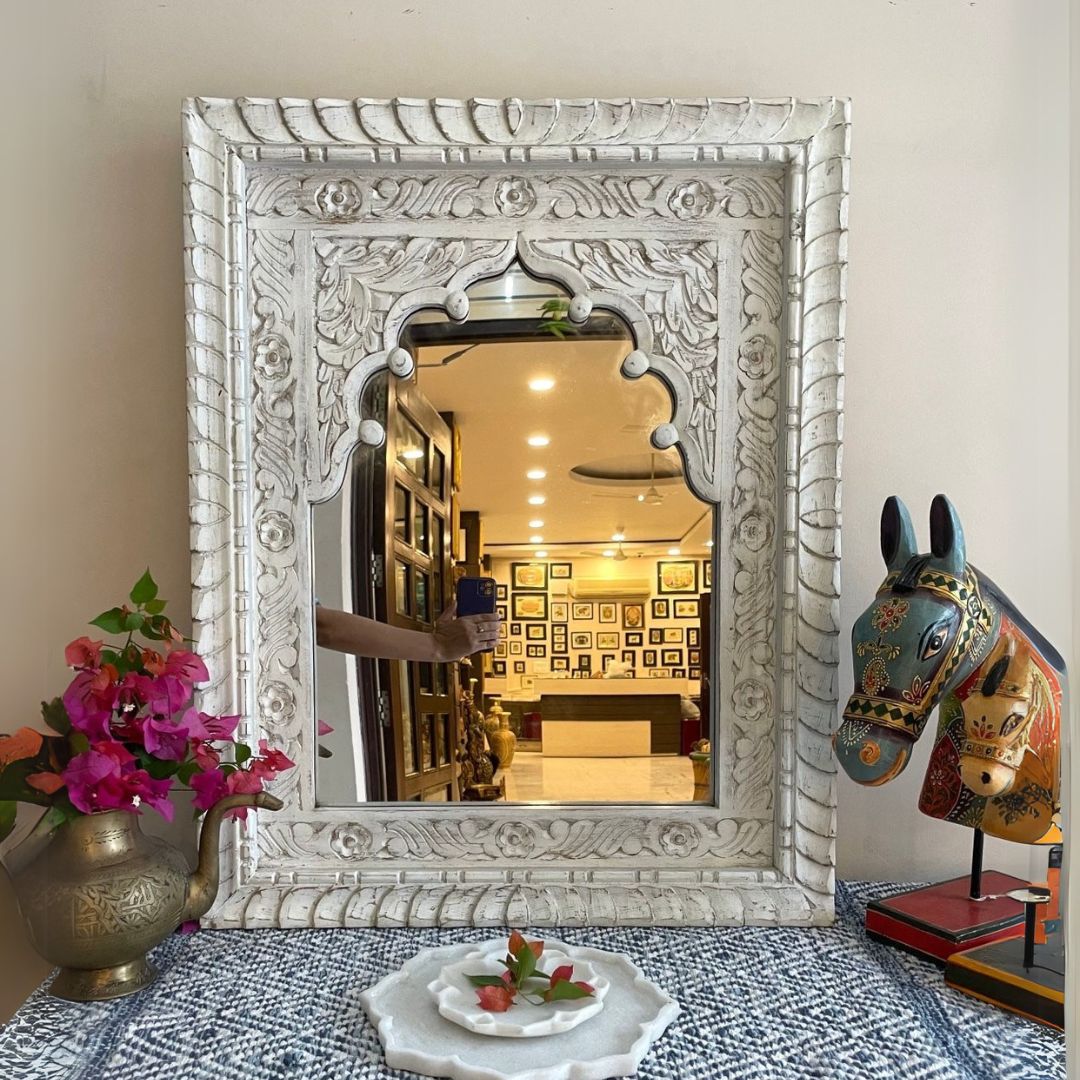 A large arch jharokha mirror with a custom-size option, featuring traditional Indian craftsmanship for vintage-inspired home decor