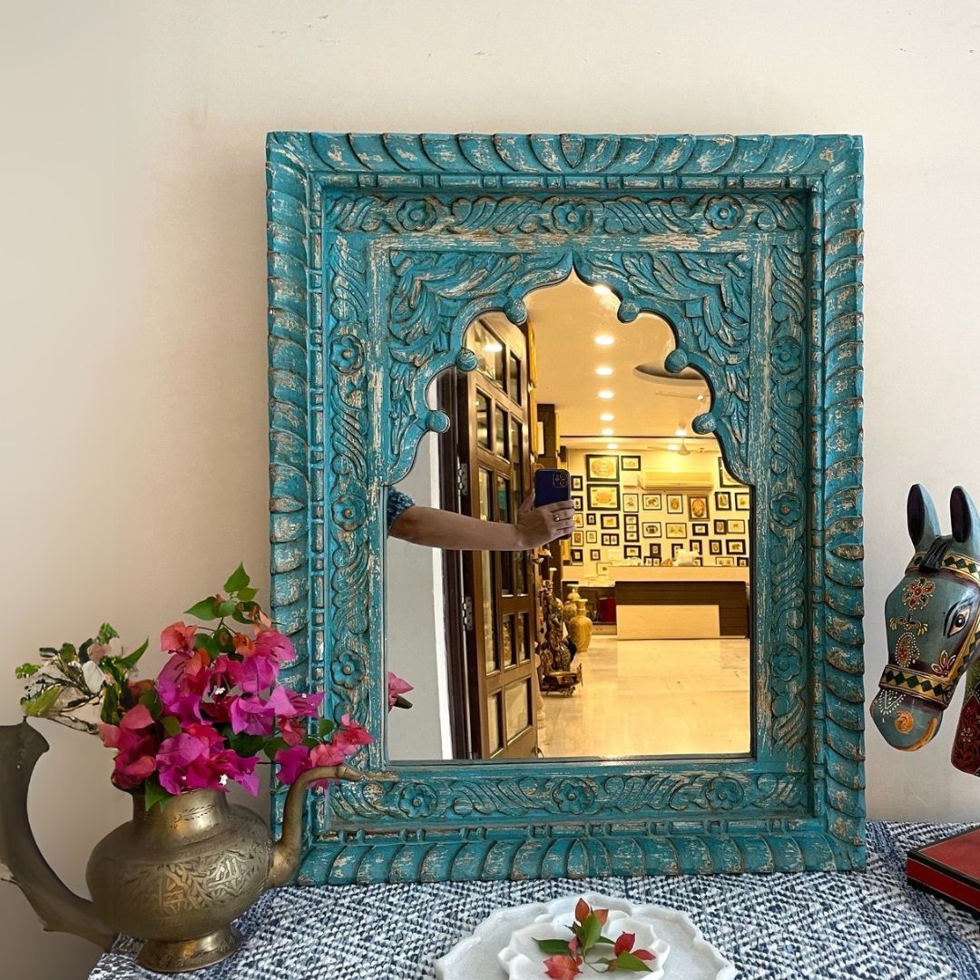 Big vintage mirror in a stunning jharokha mirror frame, perfect as a statement piece for hallways or living room walls