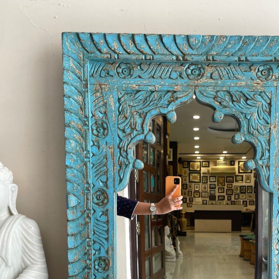 A large arch jharokha mirror with a custom-size option, featuring traditional Indian craftsmanship for vintage-inspired home decor