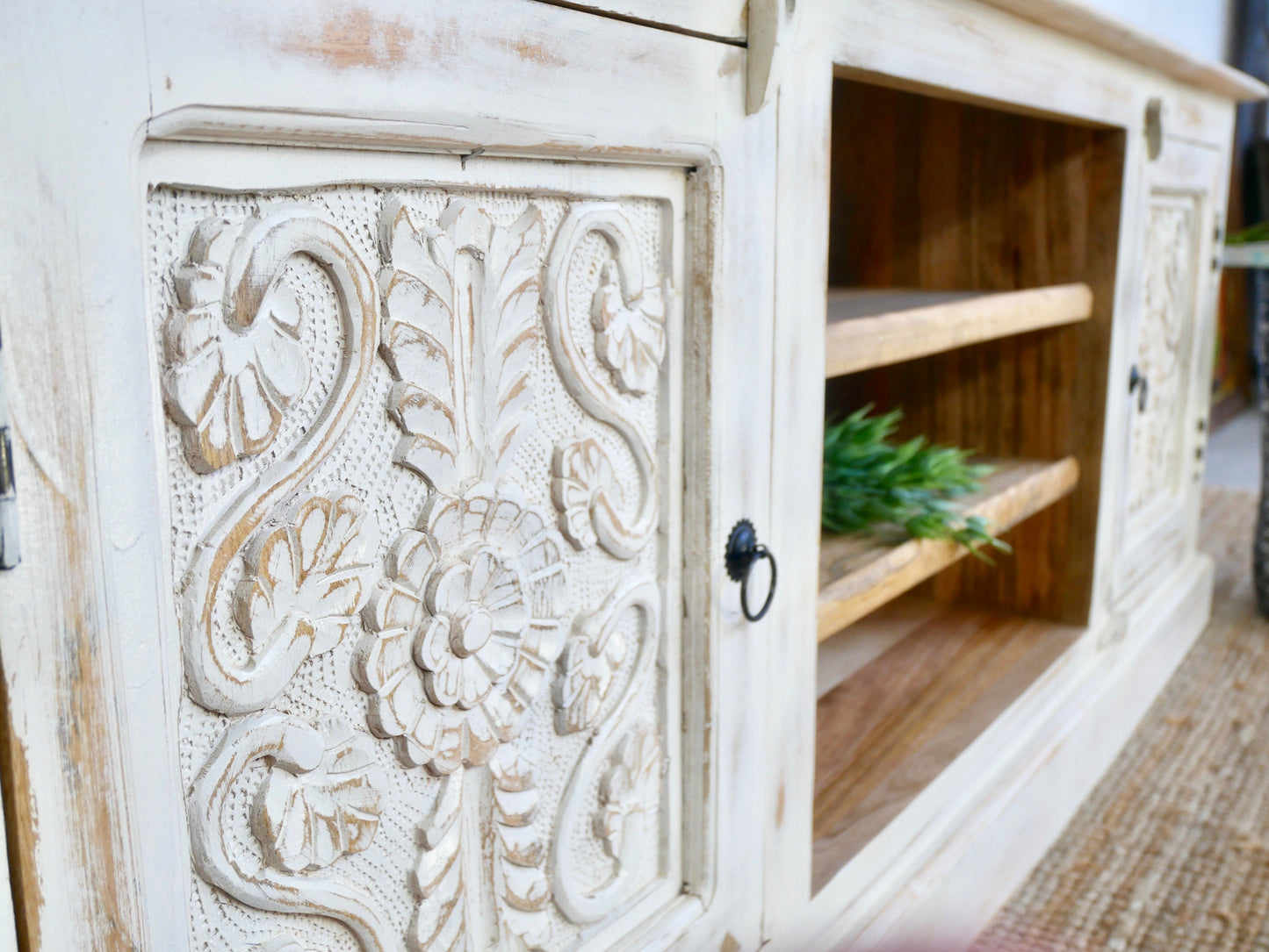 Aizawee Hand-Carved Mango Wood TV Lowboard