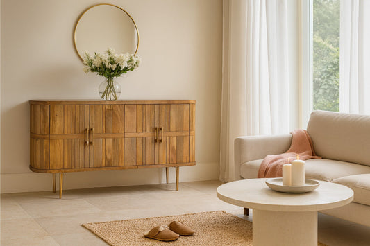 Living room with wooden sideboard, sofa, and round mirror