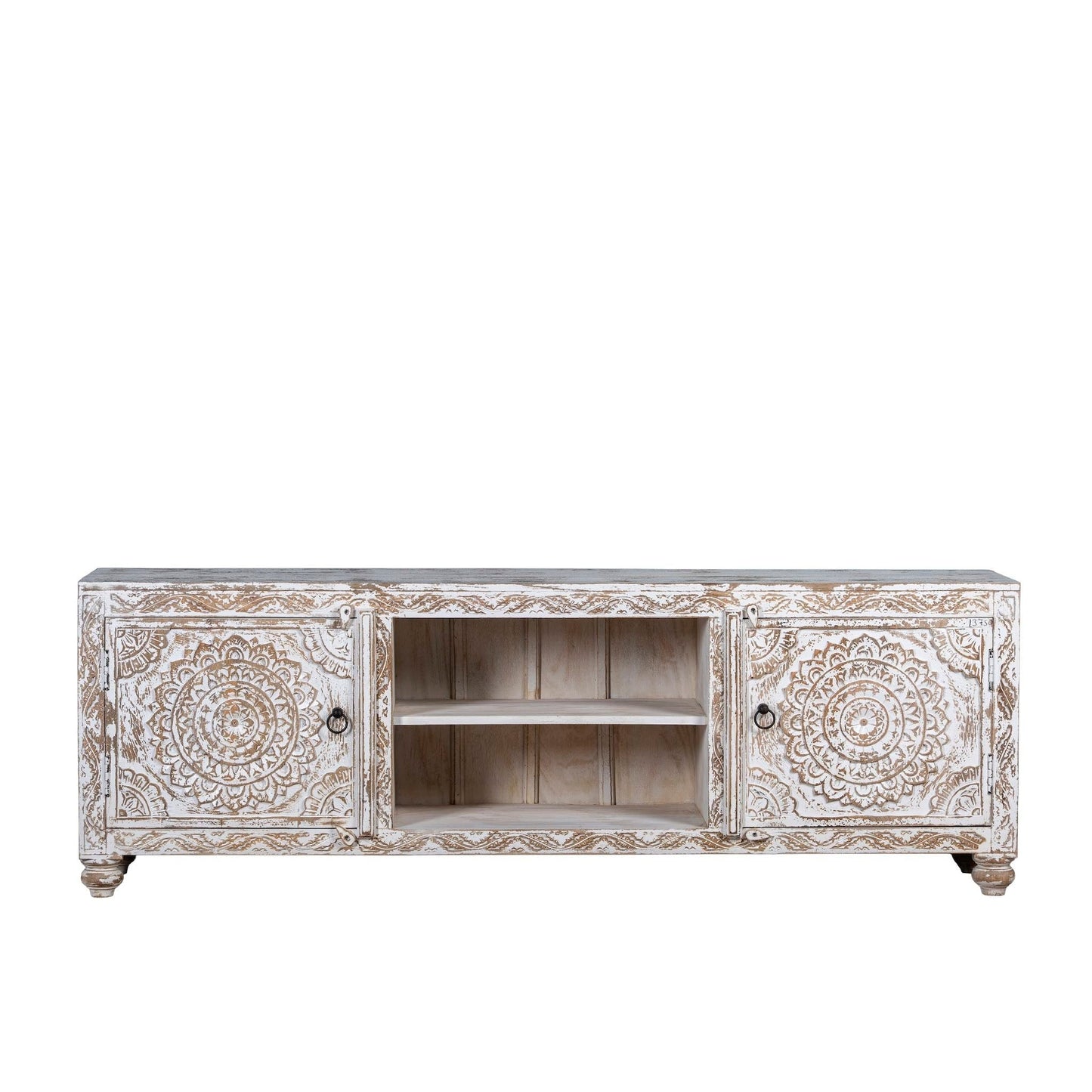 Hand-Carved Whitewashed Wooden TV Console with Mandala Panels