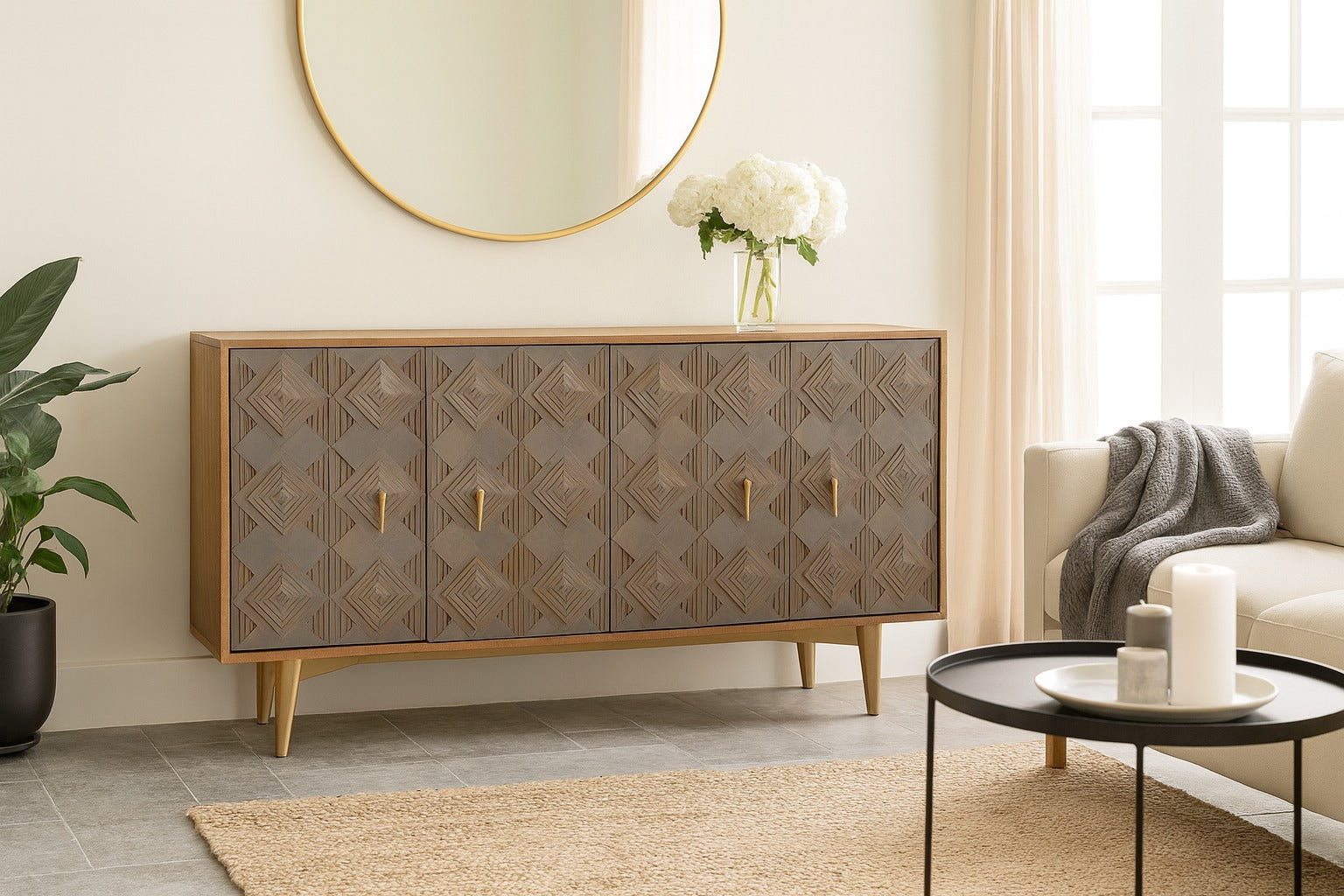 Living room with a decorative sideboard, round mirror, and a plant.