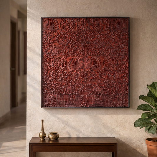 Hand-Carved Ornamental Floral Wood Wall Panel in Deep Red Finish