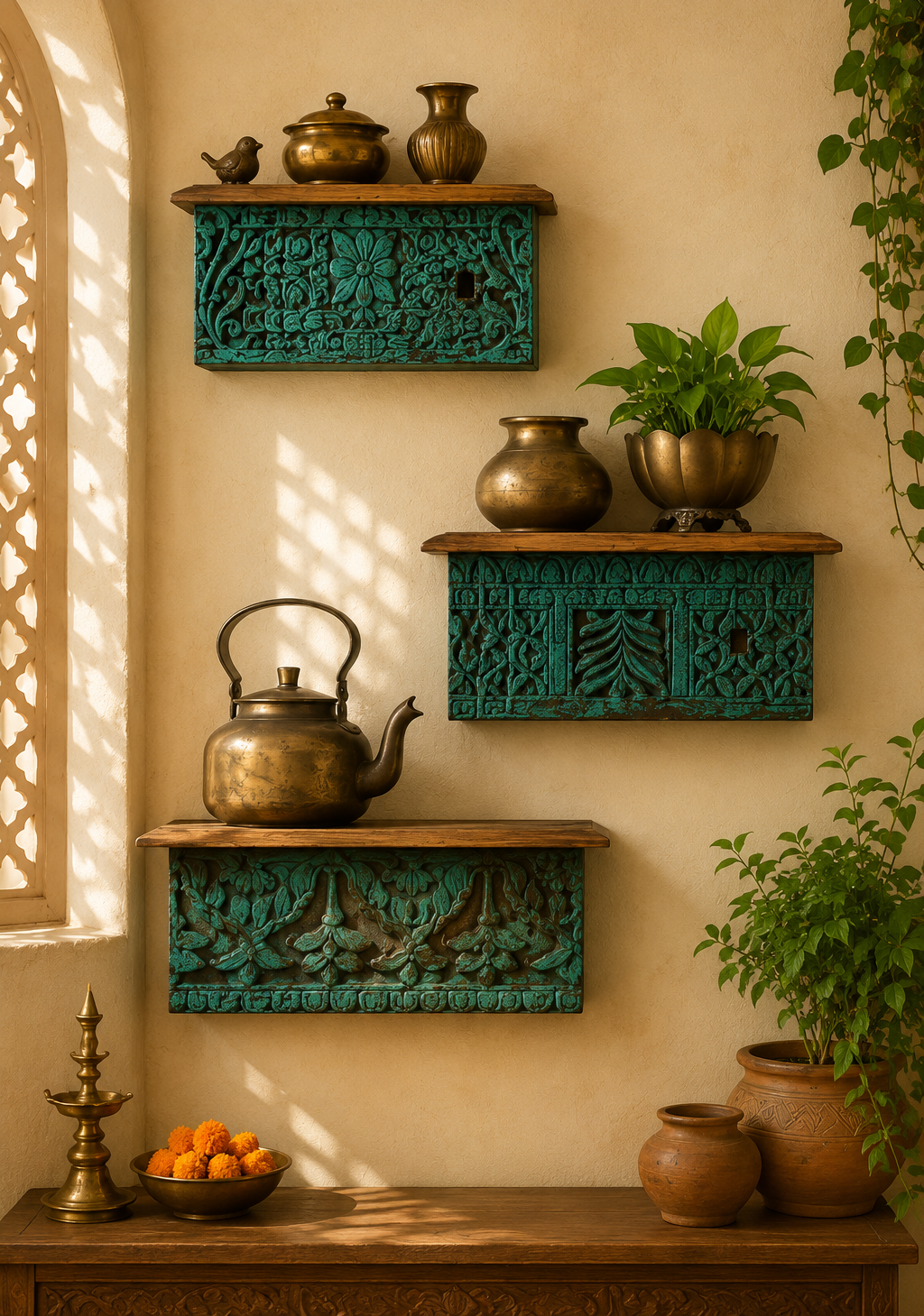 Hand-Carved Reclaimed Wood Wall Shelf with Distressed  (Set of 3 )