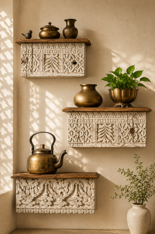 Hand-Carved Reclaimed Wood Wall Shelf with Distressed  (Set of 3 )