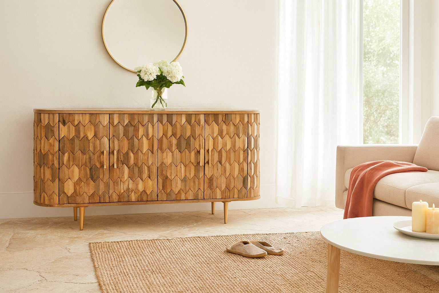 Wooden sideboard in a living room with a couch, coffee table, and decorative items.