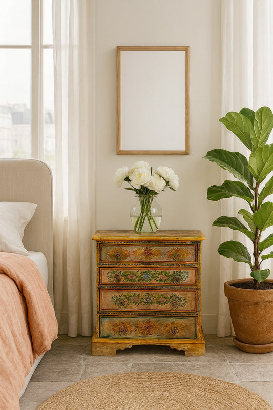 Decorative chest of drawers with a vase of flowers in a bedroom setting
