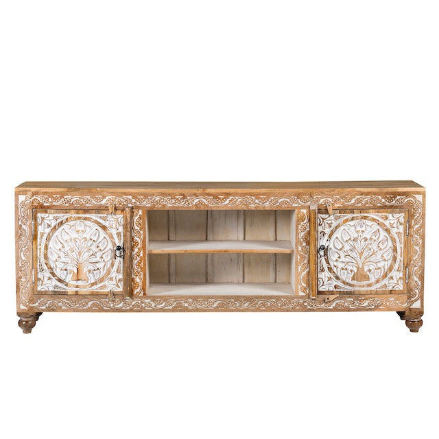 Doiwala Hand-Carved Mango Wood TV Lowboard with Floral Medallion Panels