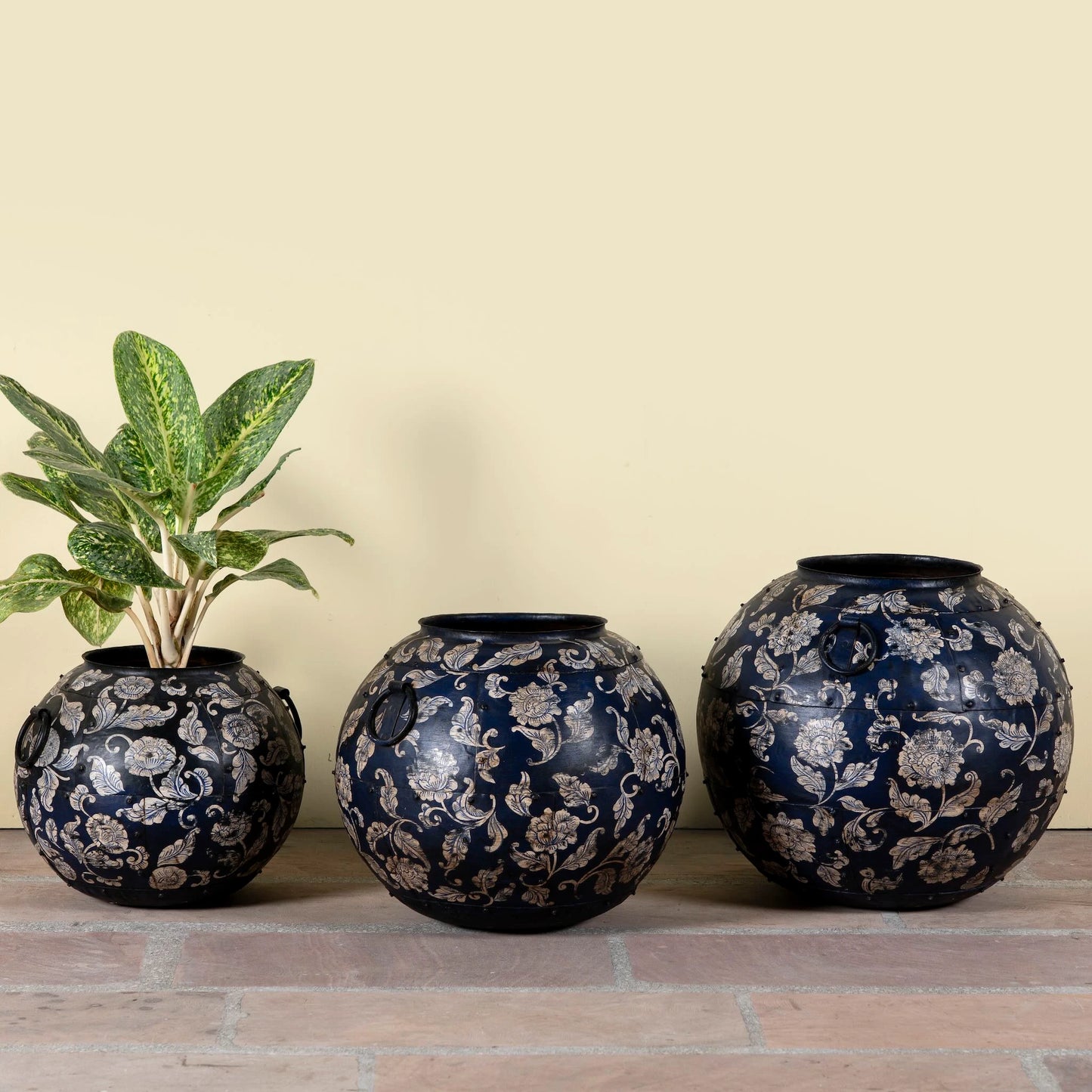 The Canton Globe Planter — Hand-Painted Iron, Deep Navy Peony | Set of Three