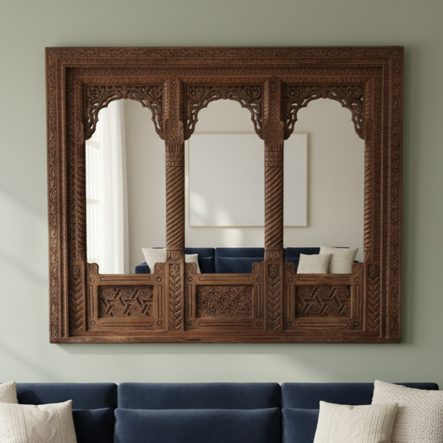 Hand-Carved 3 Jharokha Mirror with Distressed Rustic Wooden Frame | Indian Wall Mirror