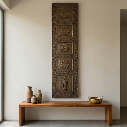 Decorative wooden panel on a wall above a wooden bench with vases andwall decor,
wooden wall decor,
vintage wall decor,
antique home decor,
wall art,
wall art for living room,
wall decals,
big wall art,
modern wall art,
Handmade antique horse head wall decor with rustic vintage finish, perfect for farmhouse or equestrian-inspired home accentswall decor,
wall art,
wall accents,
large wall art,
big wall decor,
outdoor wall art,
wall hanging,
vintage wall decor,
rustic wall decor,
antique wall decor,
r a bowl.