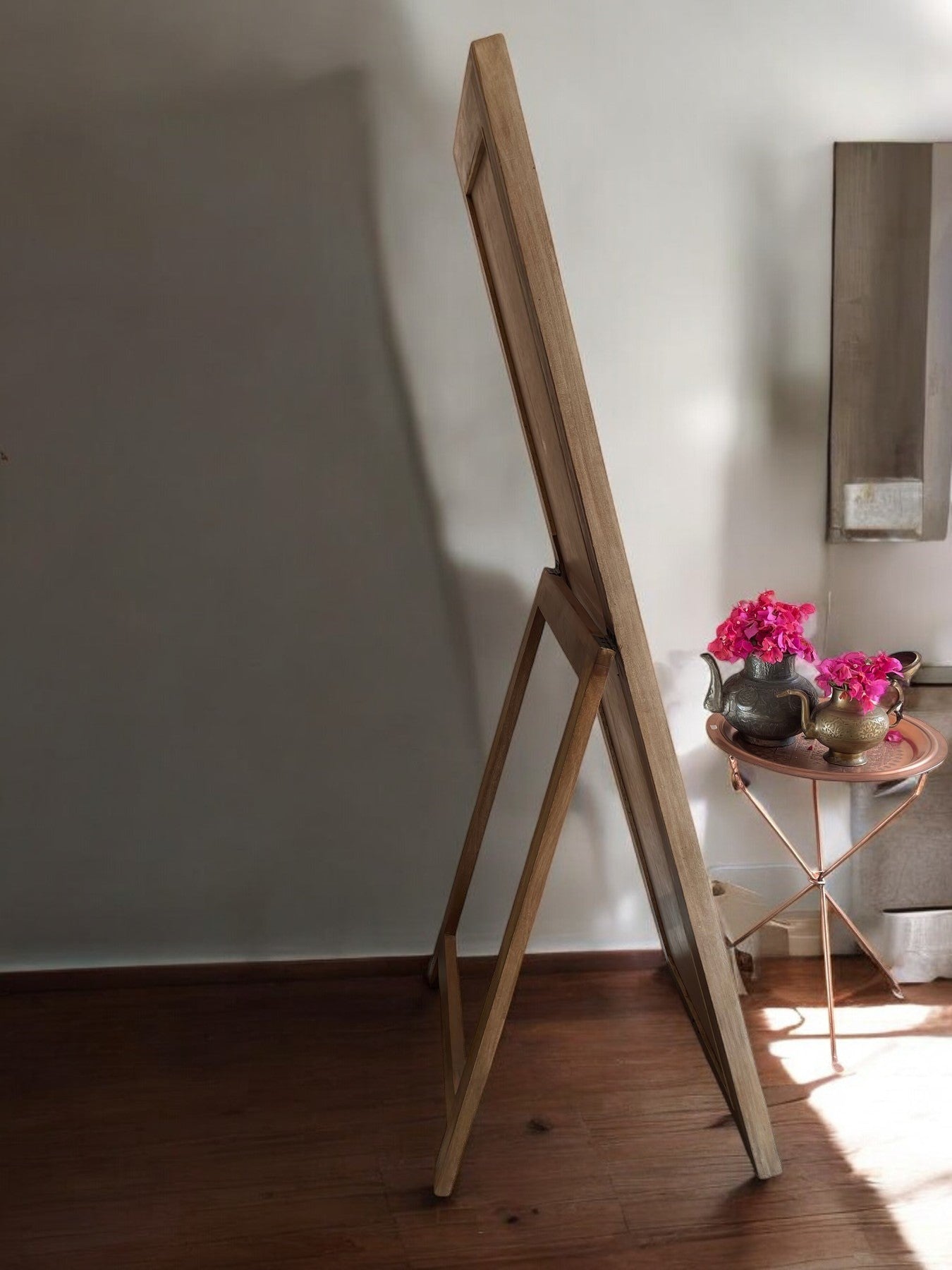 Hand Carved Indian Wall Mirror with large wooden frame, full length design, perfect for vanity and farmhouse style decor