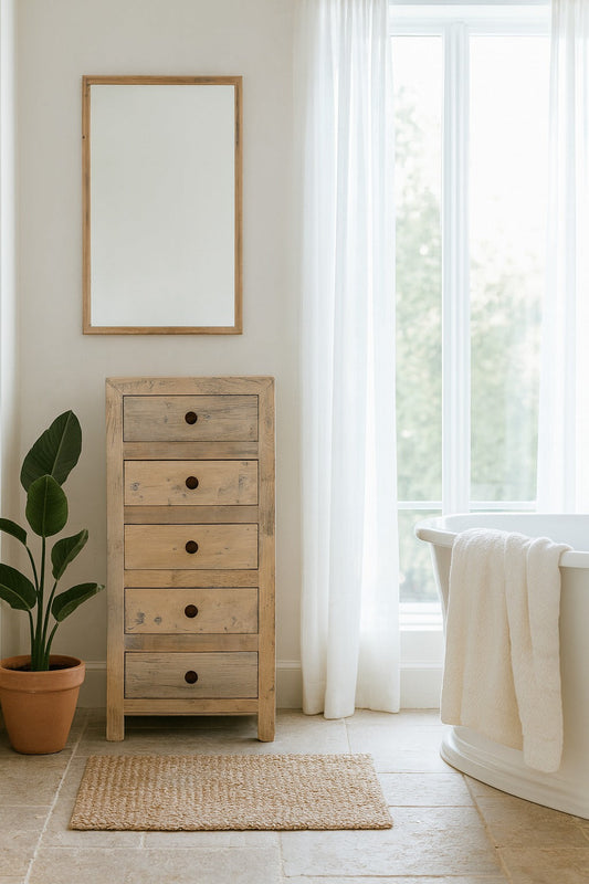 Wooden dresser in a bathroom with a bathtub and plant