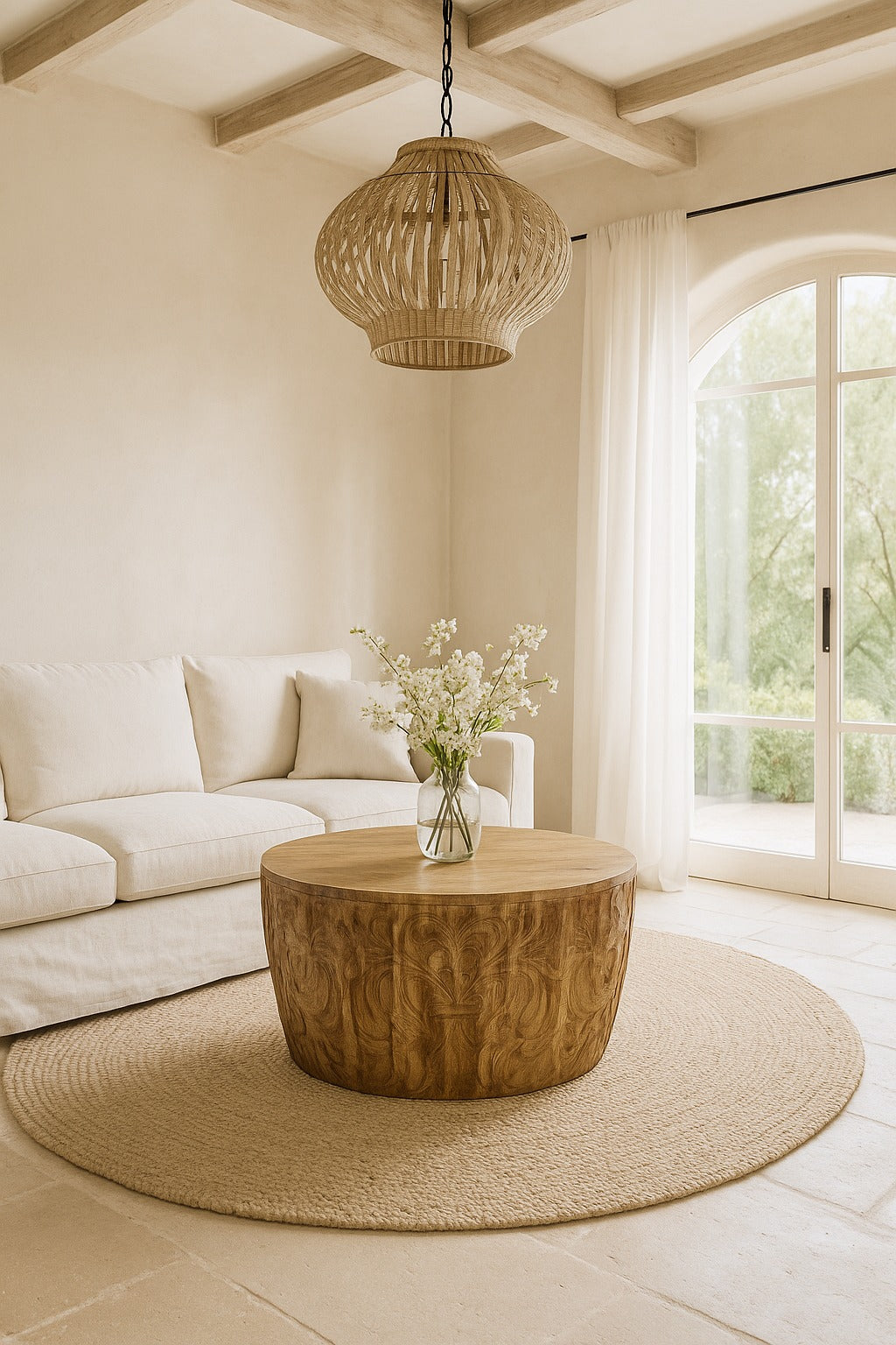 Living room with a wooden coffee table, beige sofa, and large window.