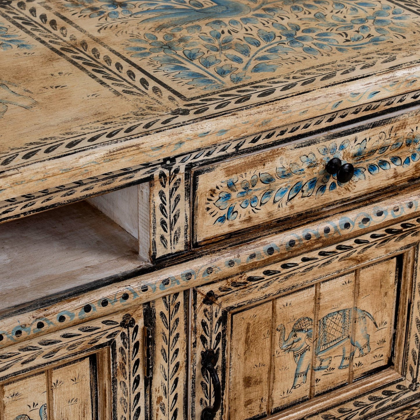 Khari Reclaimed Wood Hand-Carved Lowboard with Drawer & Cabinet Storage