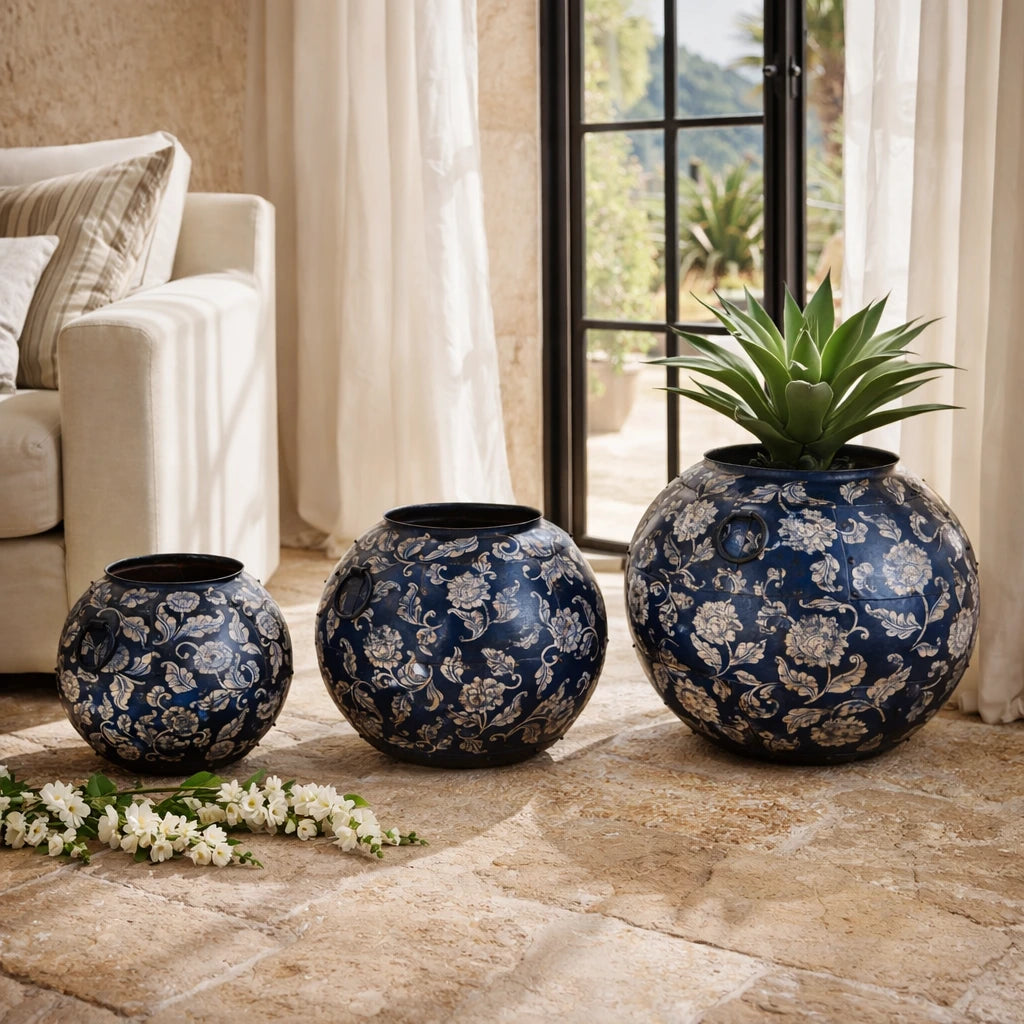 The Canton Globe Planter — Hand-Painted Iron, Deep Navy Peony | Set of Three