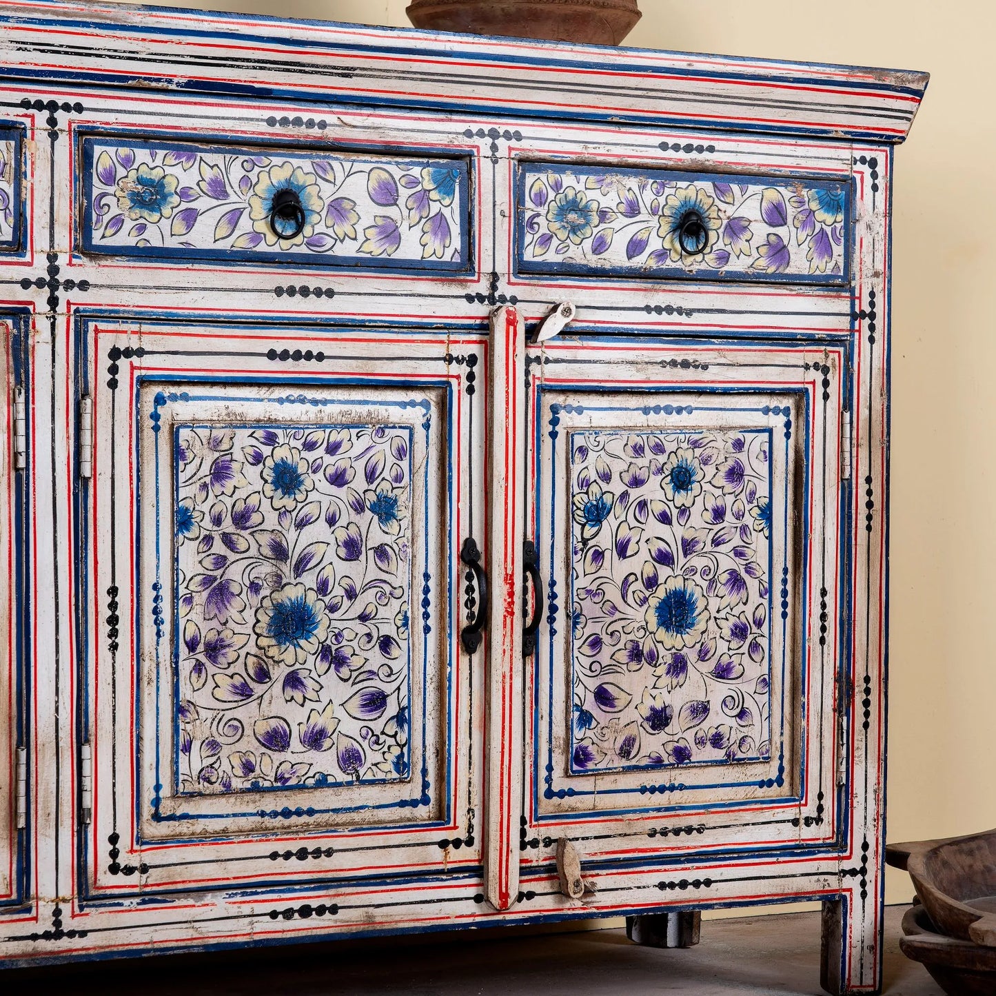 Naya Vintage Blue Floral Hand-Painted Wooden Sideboard