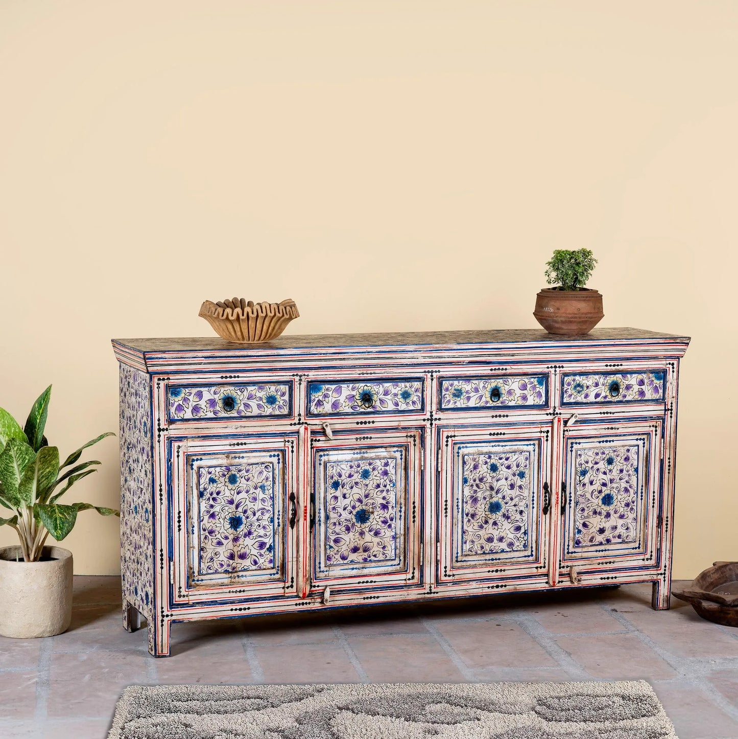 Naya Vintage Blue Floral Hand-Painted Wooden Sideboard