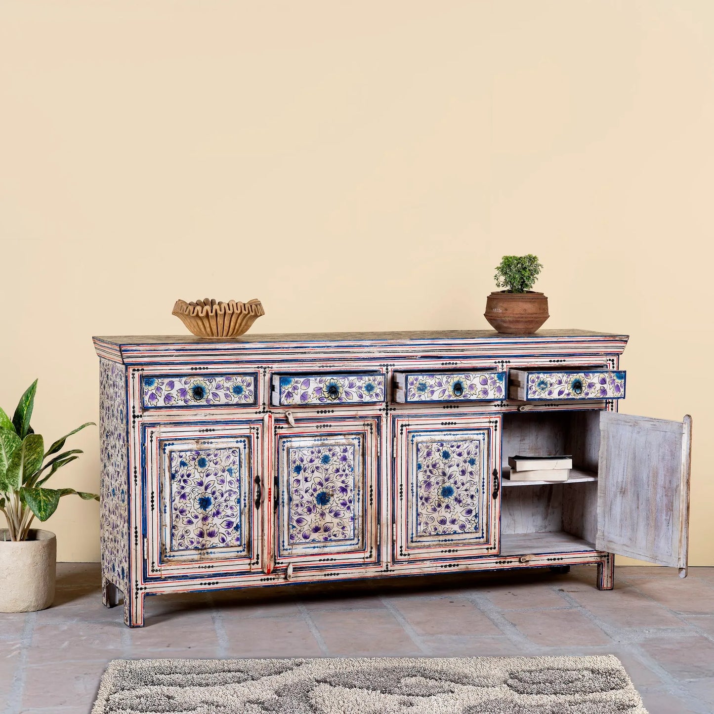 Naya Vintage Blue Floral Hand-Painted Wooden Sideboard