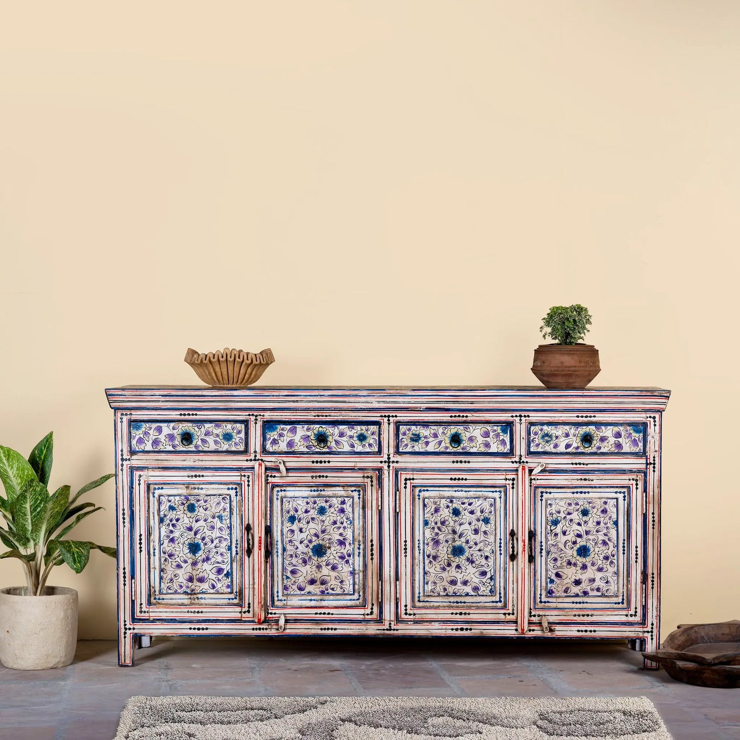 Naya Vintage Blue Floral Hand-Painted Wooden Sideboard