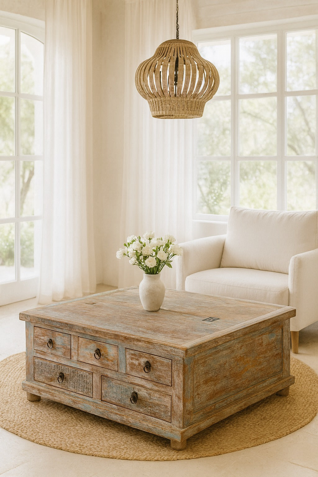 Wooden coffee table with a vase of flowers in a living room with a white sofa and large windows.
