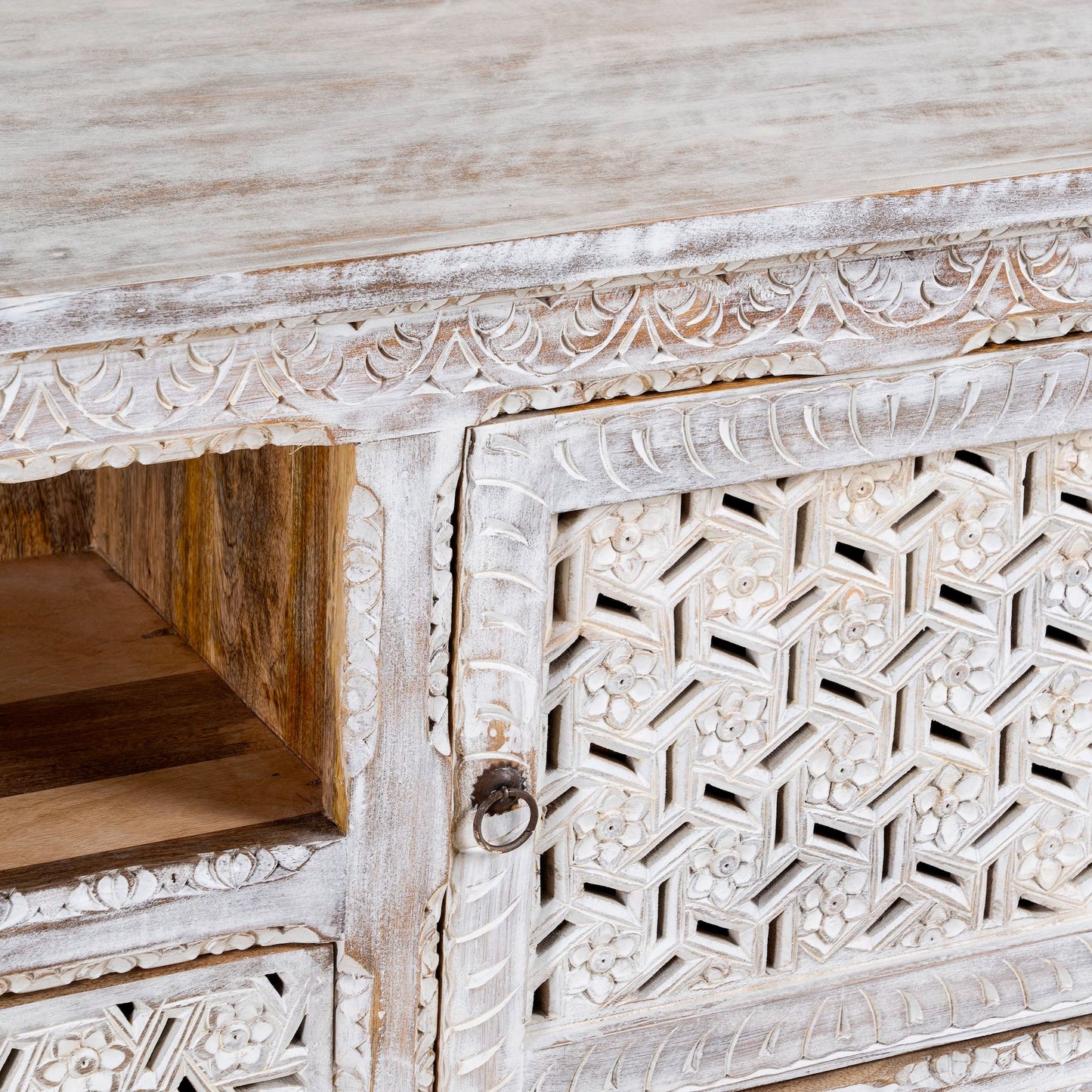 Pari Hand-Carved Mango Wood Lowboard with Geometric Jali Panels