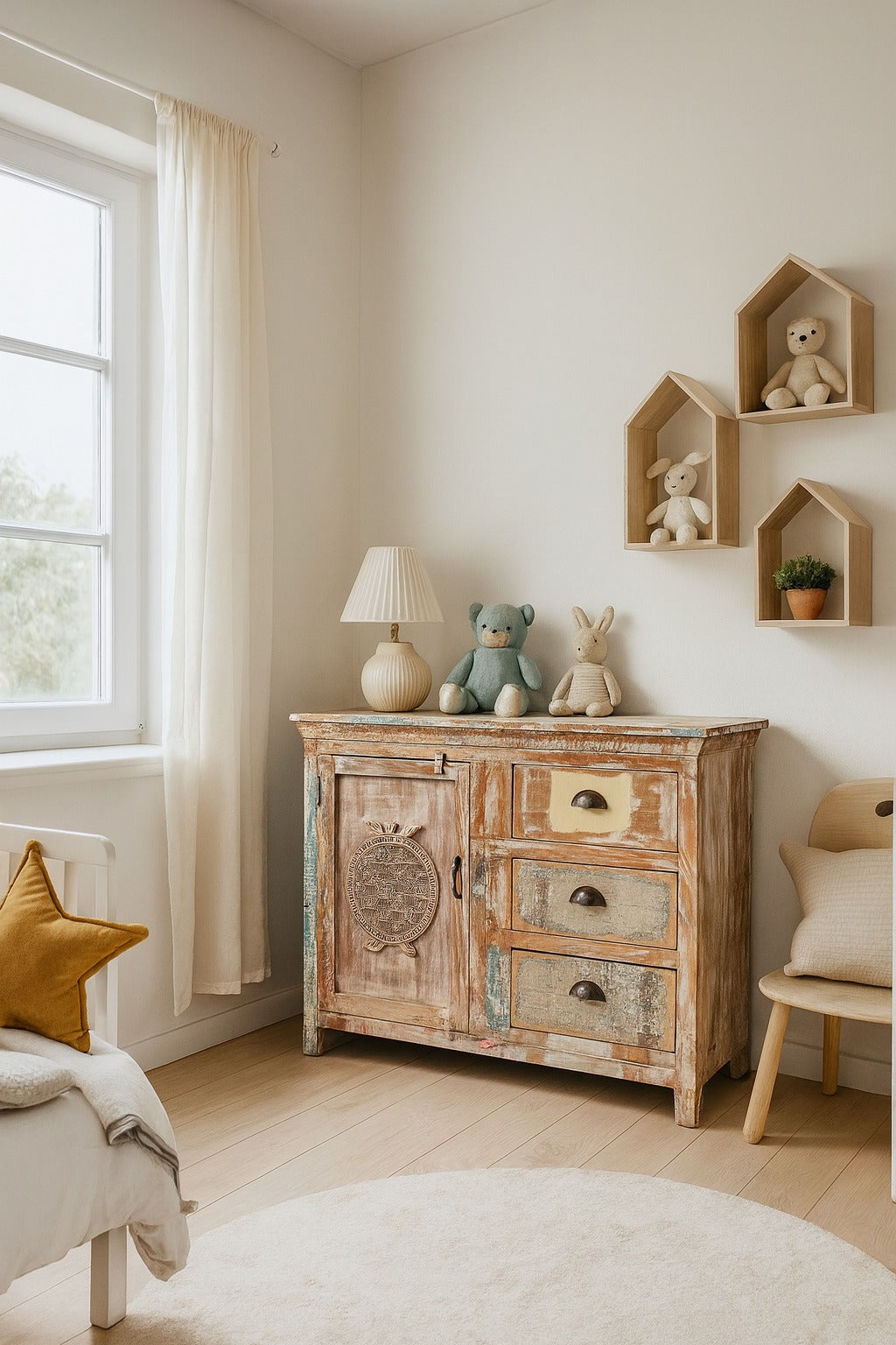 Nursery room with wooden dresser, shelves with teddy bears, and a lamp.