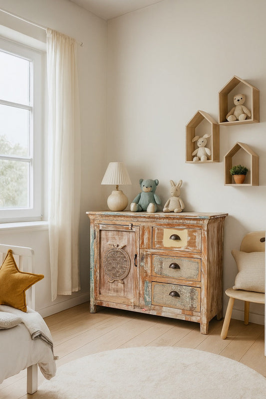 Nursery room with wooden dresser, shelves with teddy bears, and a lamp.
