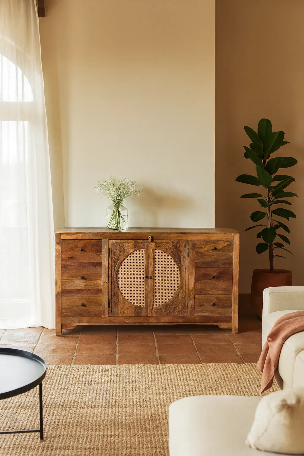 Solid Wood Sideboard with Cane Panel Doors & Drawers