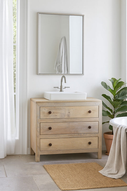 Bathroom with wooden vanity, sink, and mirror