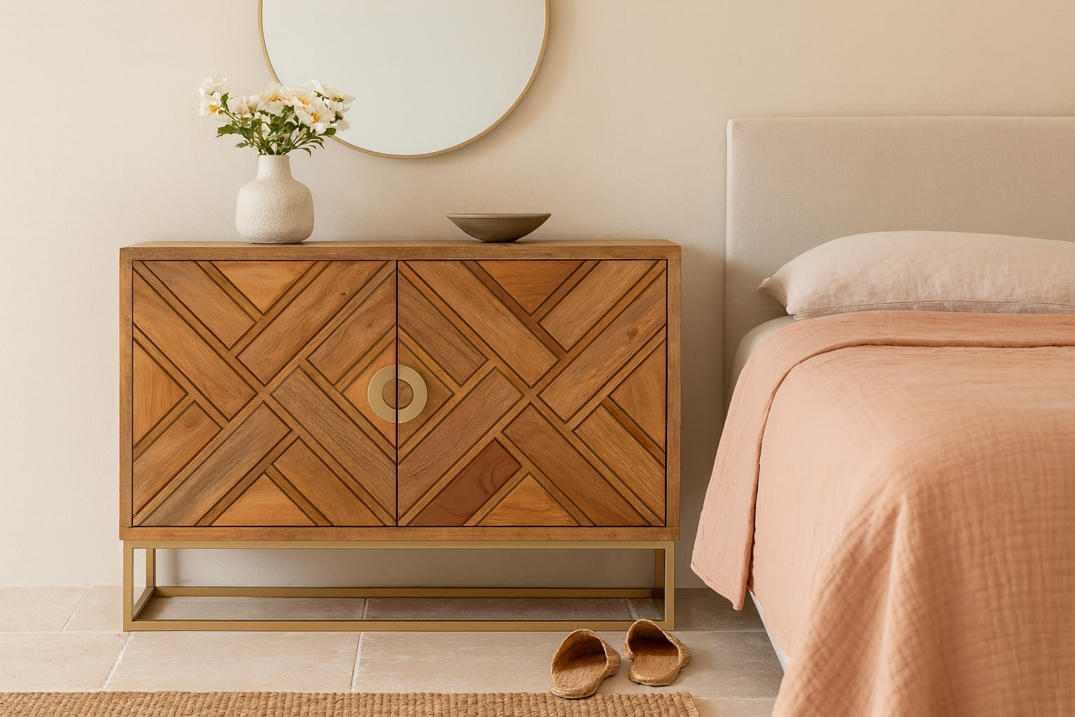 Wooden sideboard with geometric design next to a bed in a bedroom setting.