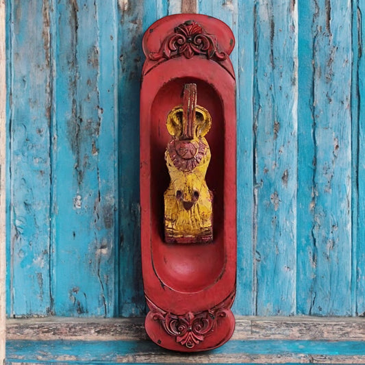 Rustic Wooden Horse Head Wall Sconce in red and gold tones, handcrafted with intricate details, displayed against a white background with a ruler for size reference (18.5”H x 5.25”W x 5”D). wall decor,
wall art,
wall accents,
large wall art,
big wall decor,
outdoor wall art,
wall hanging,
vintage wall decor,
rustic wall decor,
antique wall decor,
rustic wall art,
vintage home decor,
home decor,
antique home decor,
temple wall decor art