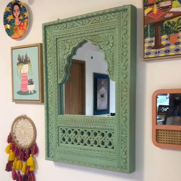 Handcrafted wooden wall mirror made from solid wood with traditional carving Indian artisan work