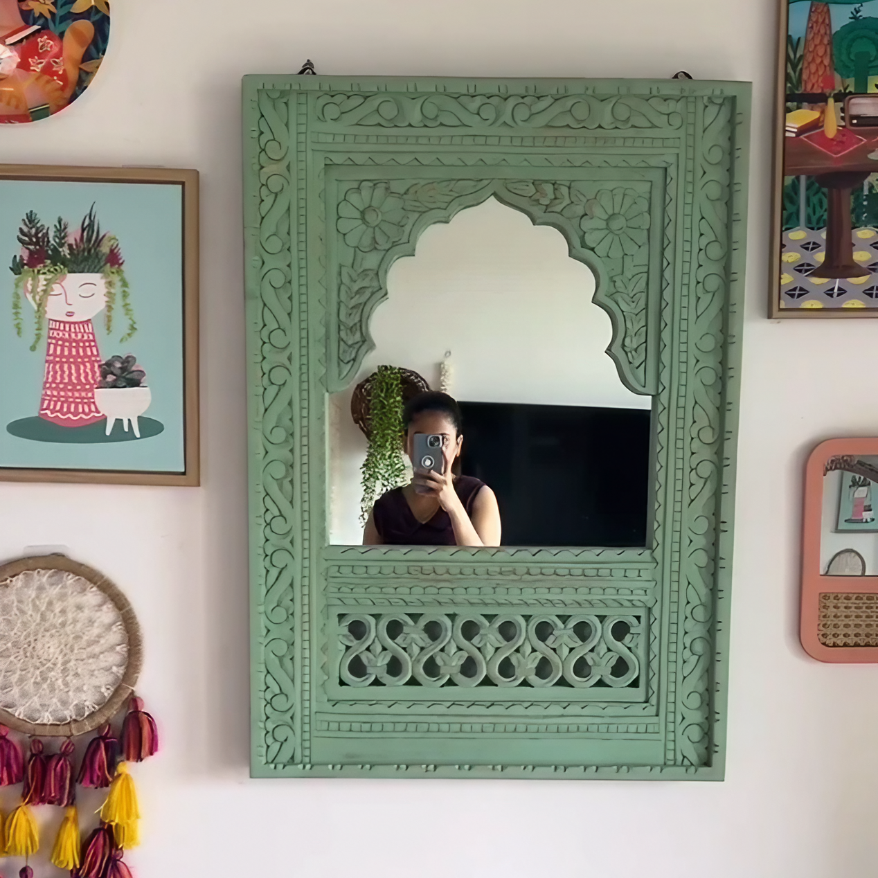 Mehr Mahal handcrafted solid wood mirror 35x25 inch carved wooden wall mirror for home decor in India