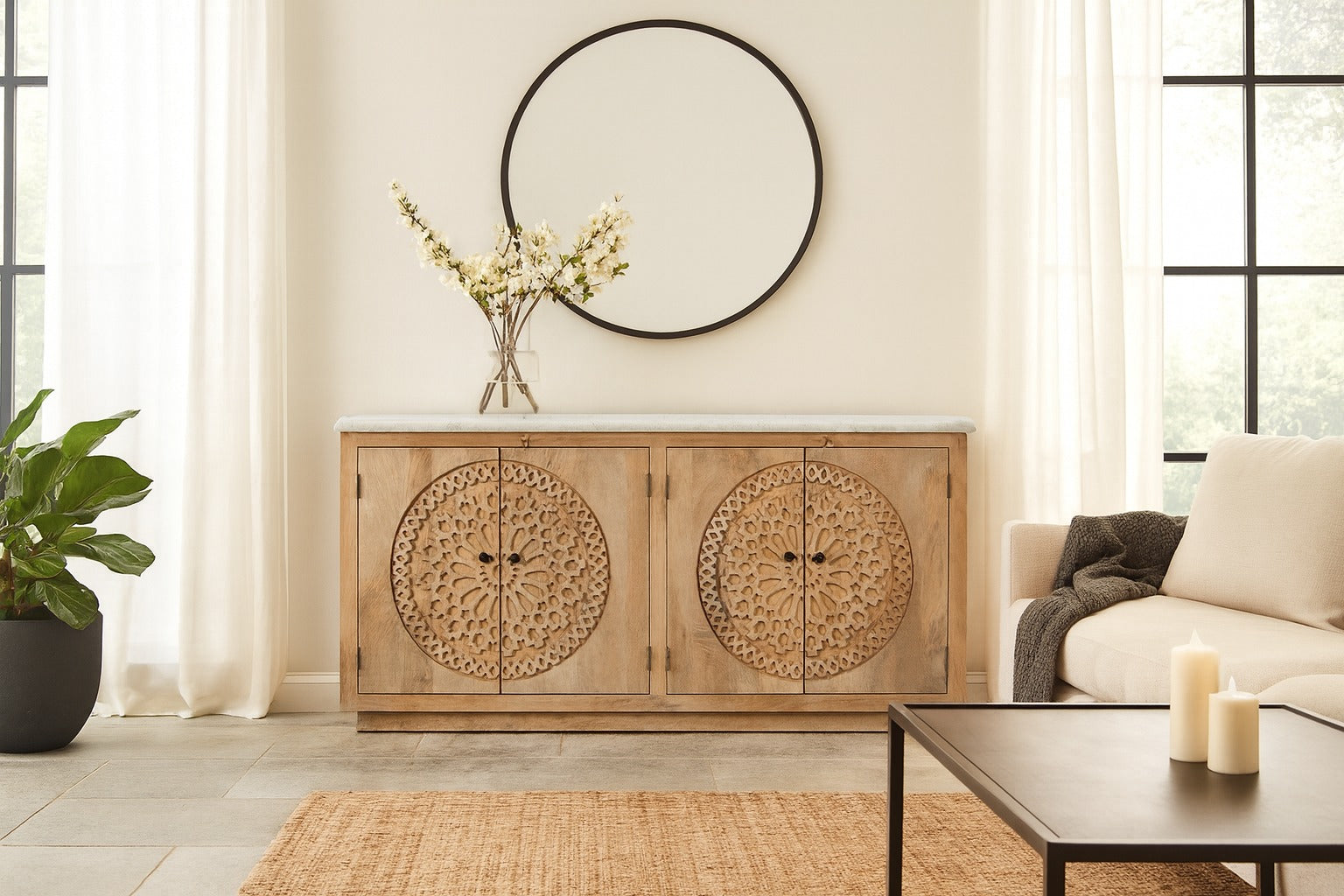 Wooden sideboard with decorative doors in a living room setting.