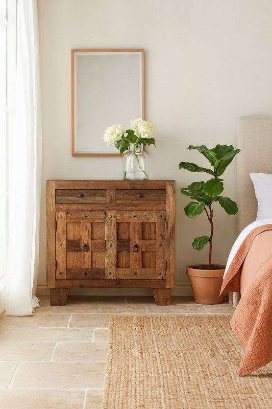 Wooden sideboard in a bedroom with a mirror, plant, and bed.