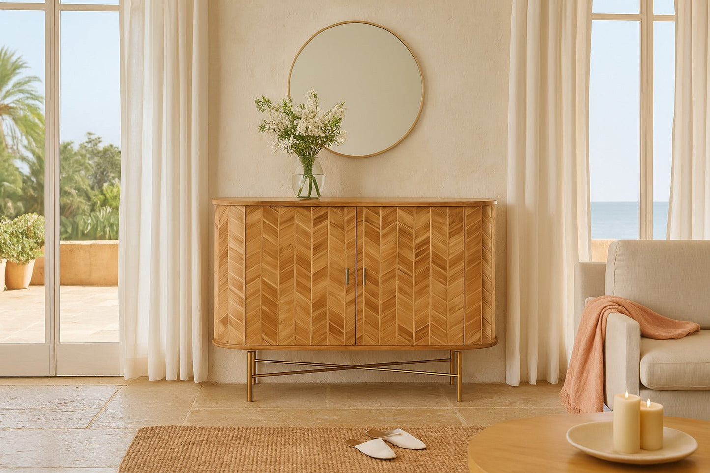 Wooden sideboard in a living room with a mirror above it and a view of the ocean through large windows.