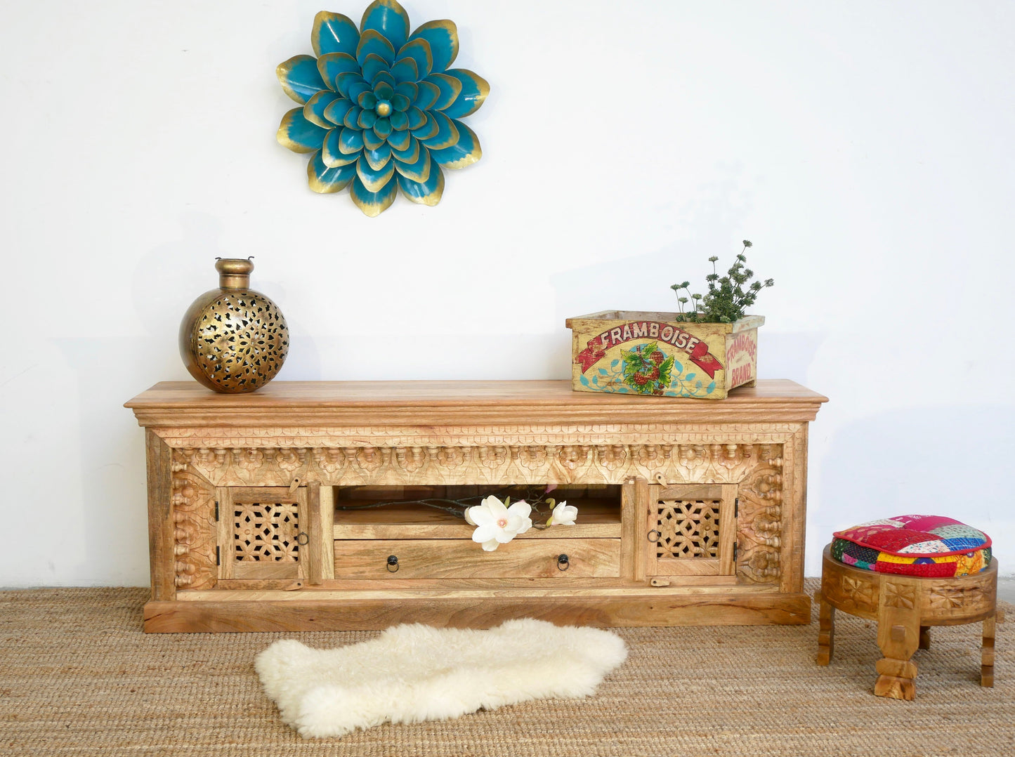 Tumakuru Hand-Carved Mango Wood Lowboard with Lattice Doors